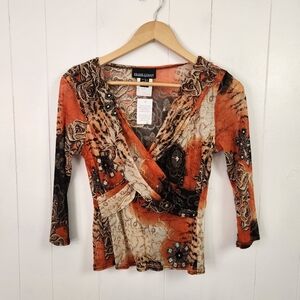 Vintage Y2K Frank Lyman Orange V-Neck Wrap Top Stretchy 3/4 Sleeves Size 8 Fairy